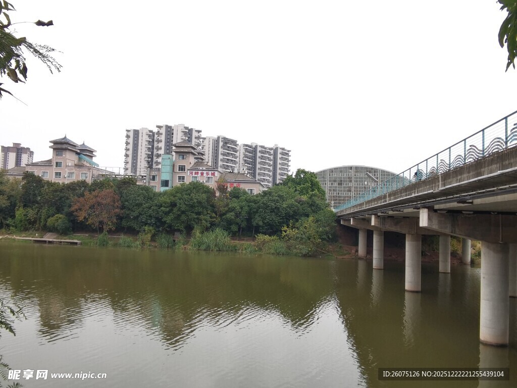 河畔桥梁与城市建筑景观