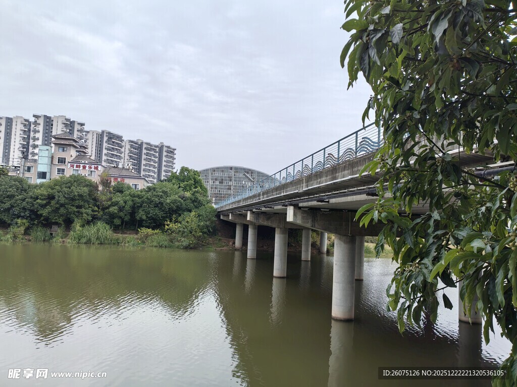 河畔桥梁与城市建筑景观