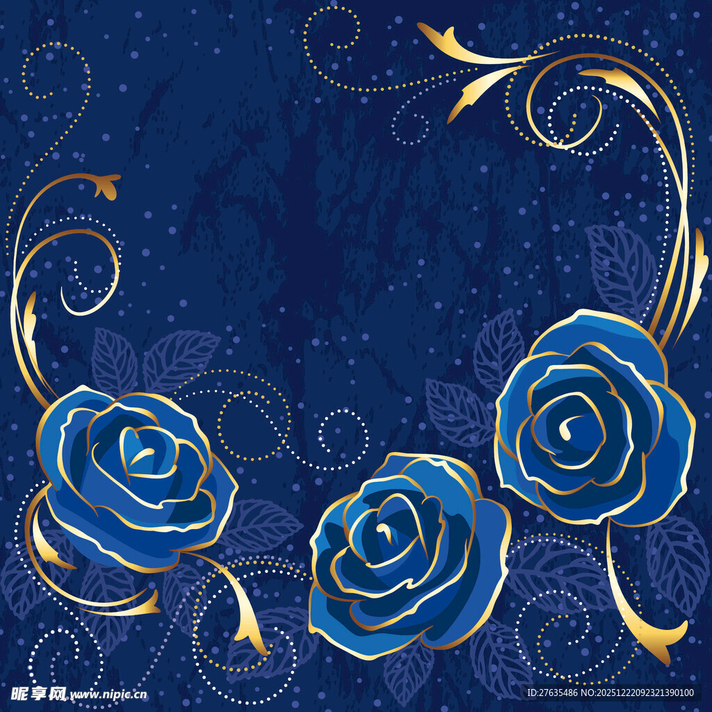 蓝色玫瑰与金色花纹背景