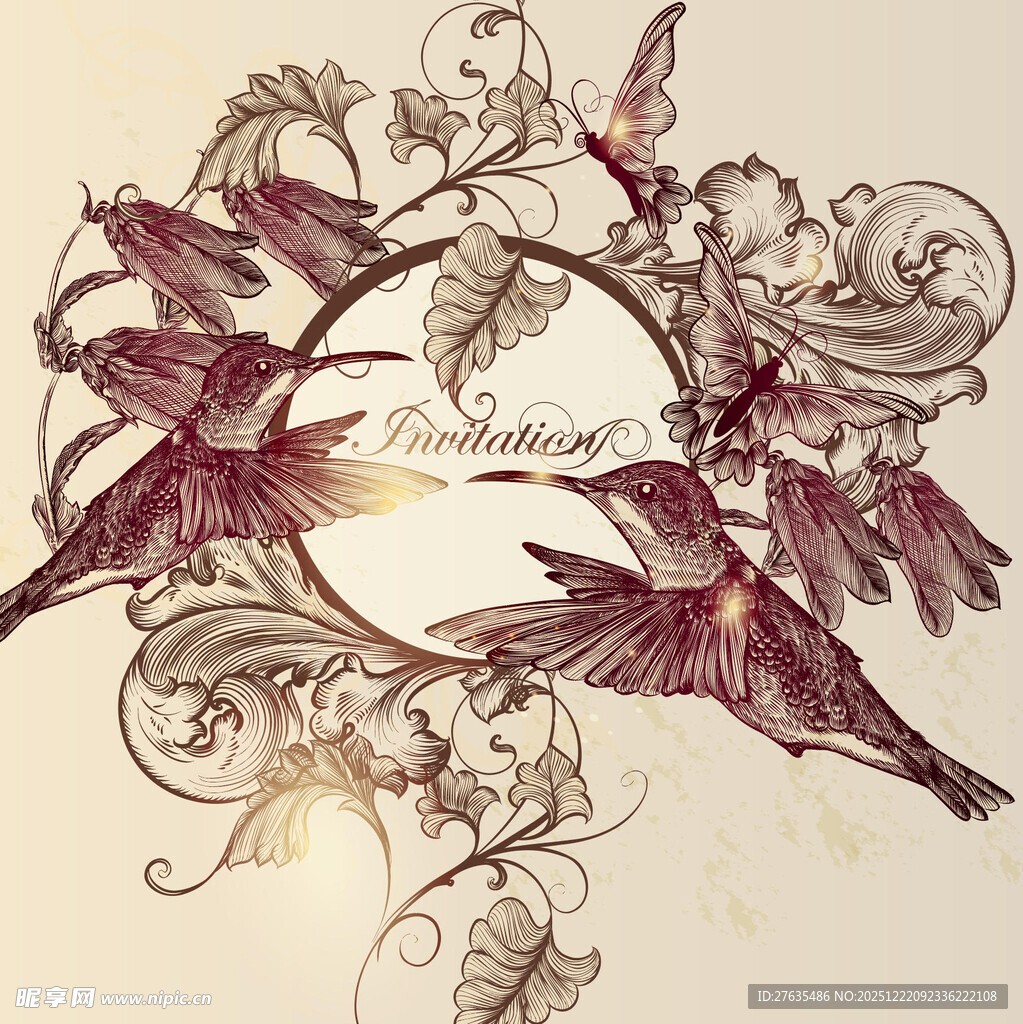 复古风蜂鸟花卉装饰图案