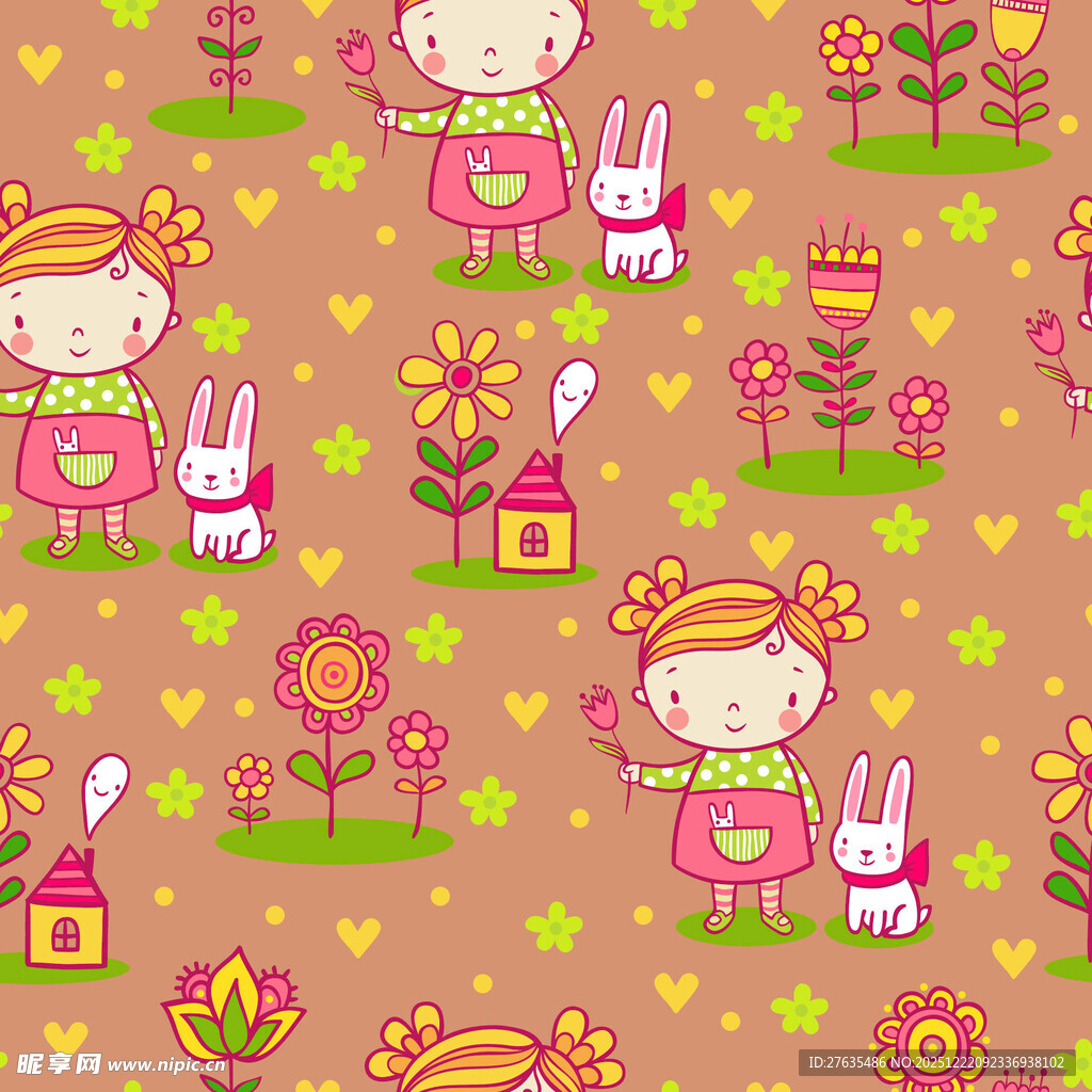 可爱女孩与兔子田园图案