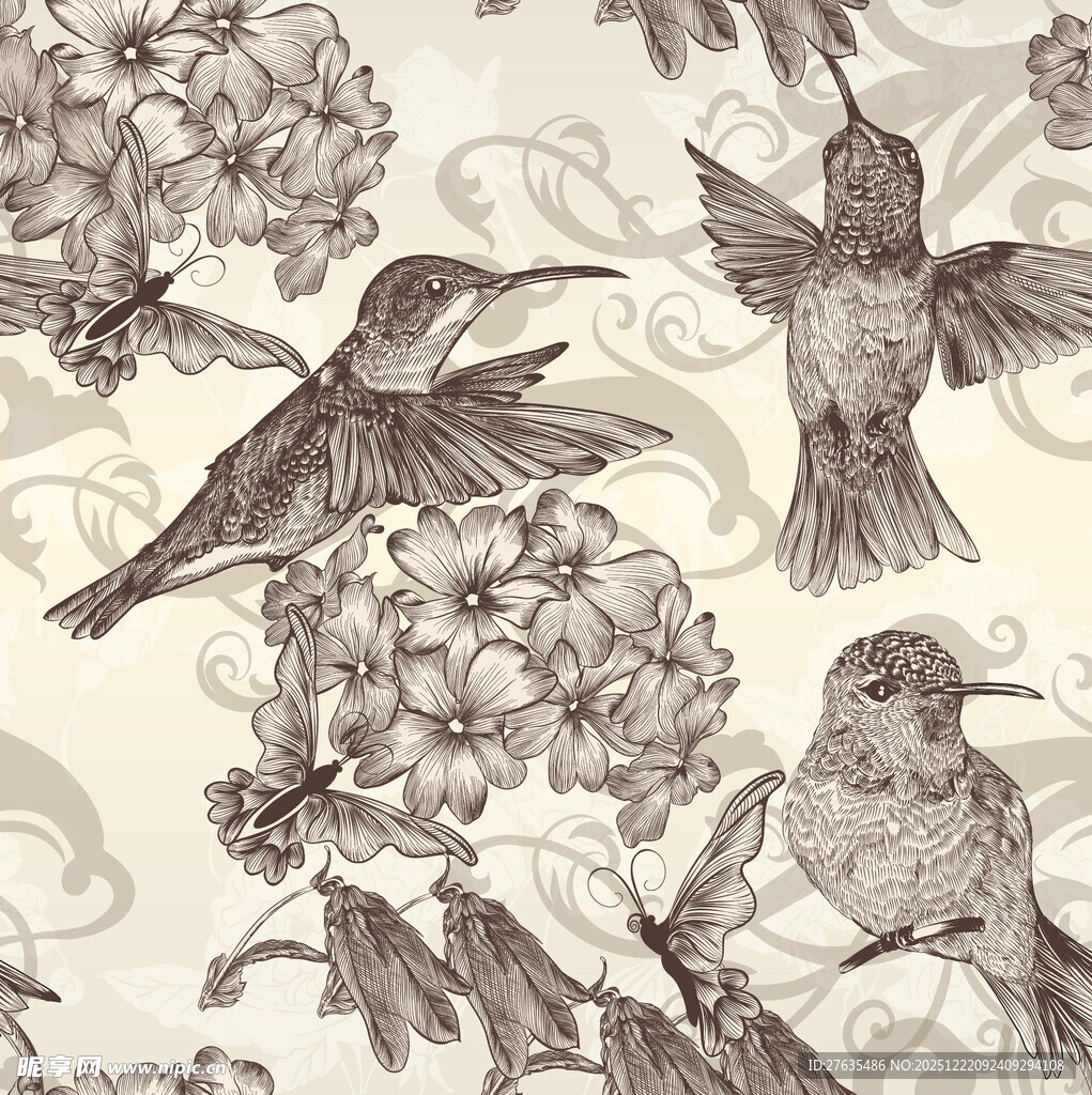 蜂鸟与花卉的复古图案