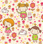 可爱女孩与萌兔花卉图案