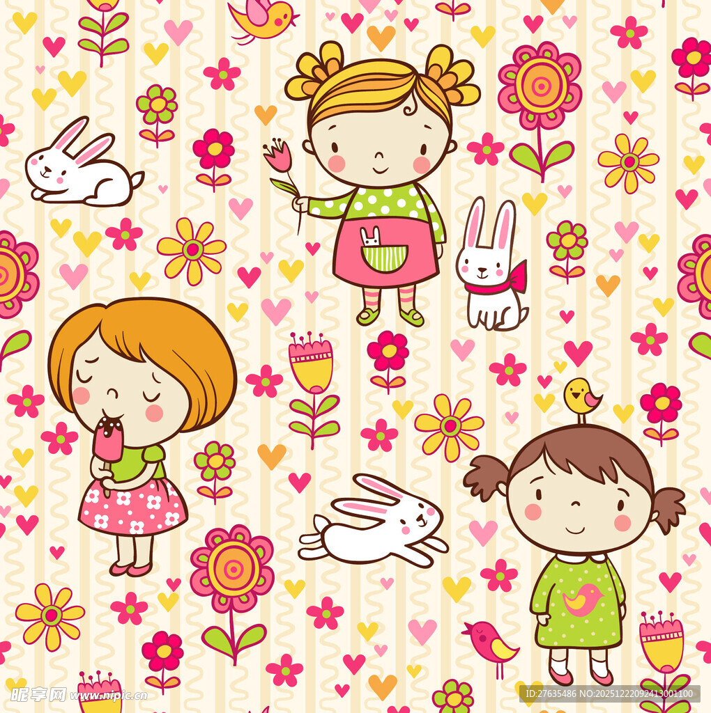 可爱女孩与萌兔花卉图案