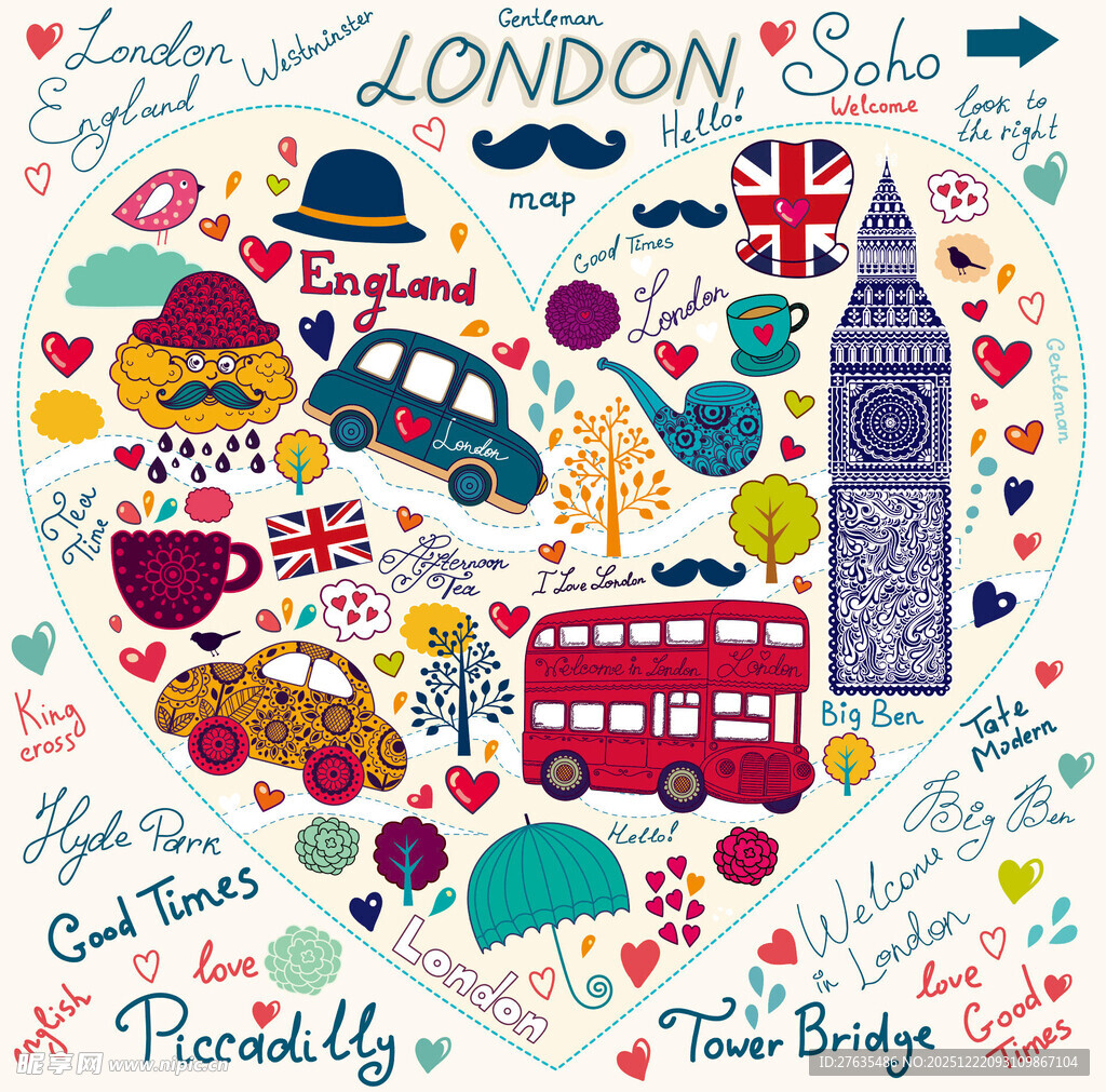 伦敦元素心形插画
