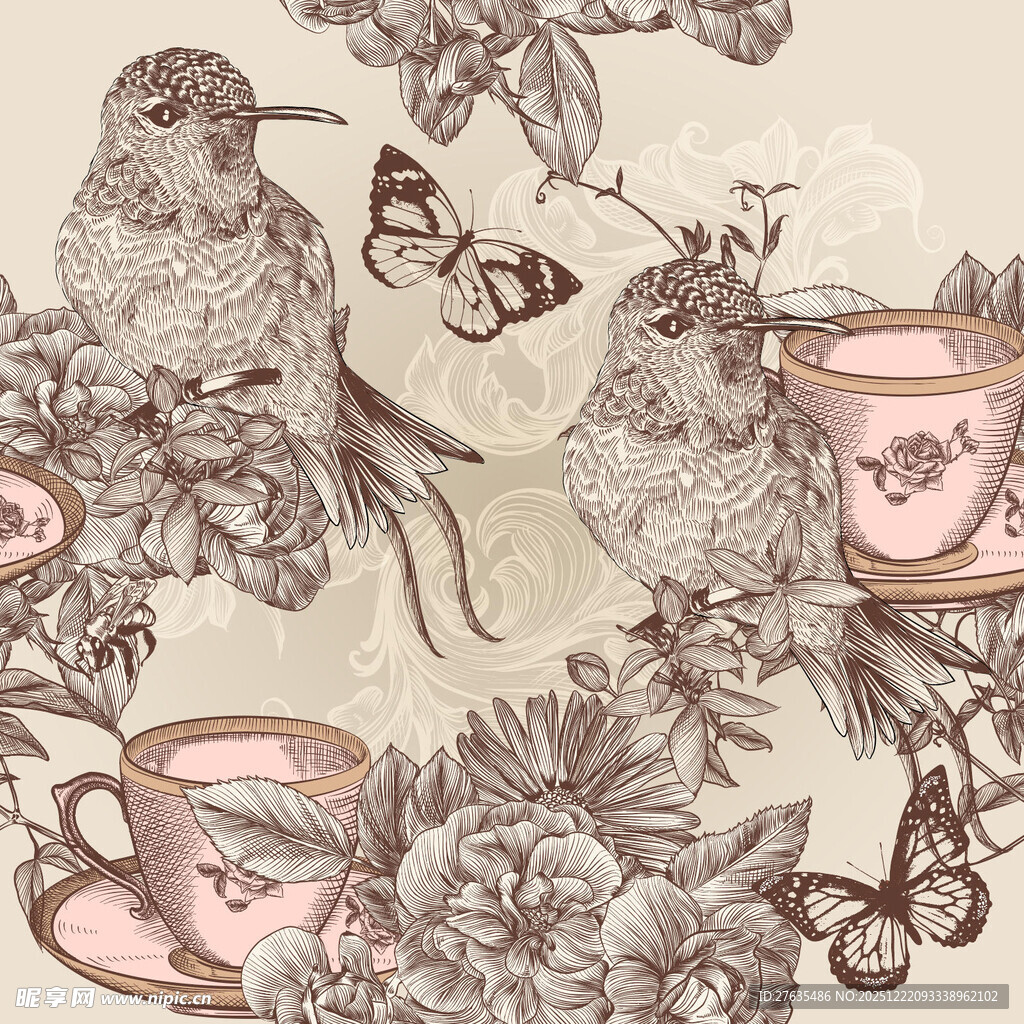 花鸟茶具复古风图案