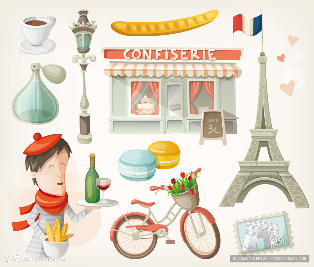 巴黎风情元素插画