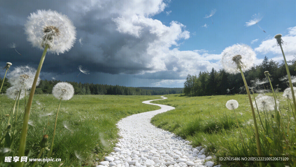 乡间小路蒲公英蓝天美景