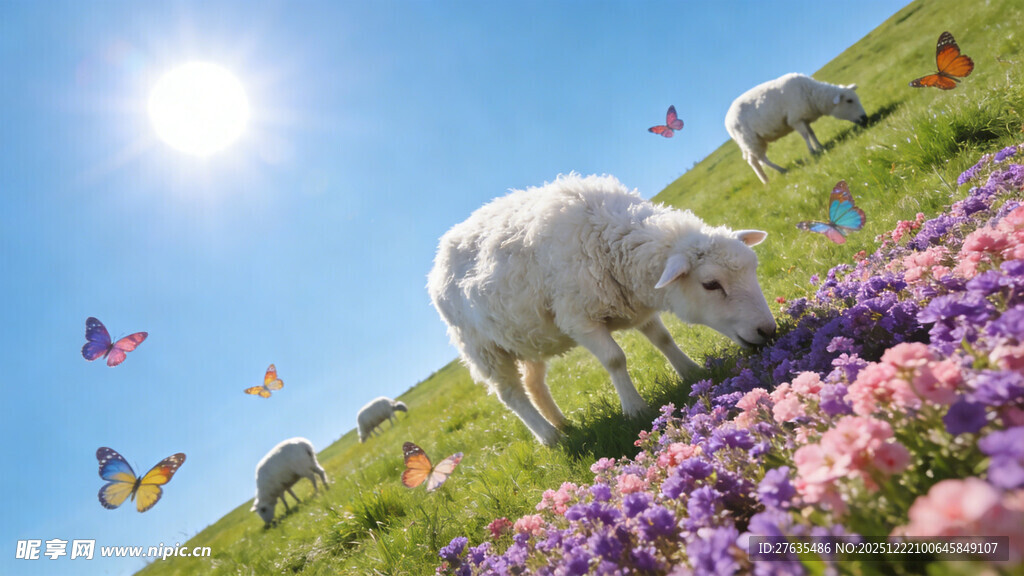 羊在花海蓝天间悠然自得