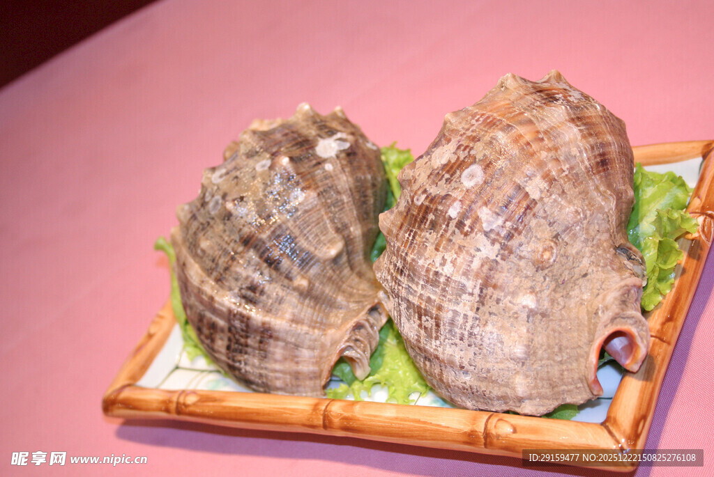 新鲜双贝置于竹盘之上