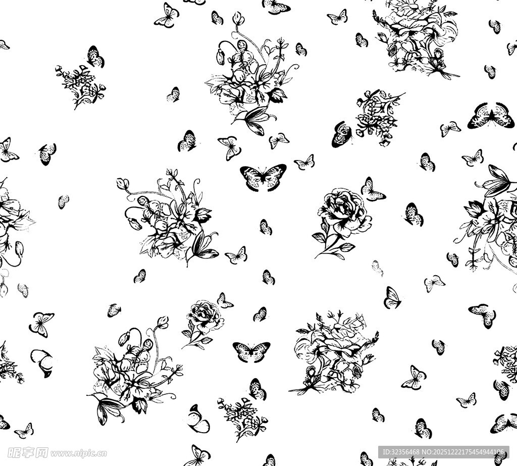 黑白蝴蝶花卉图案背景