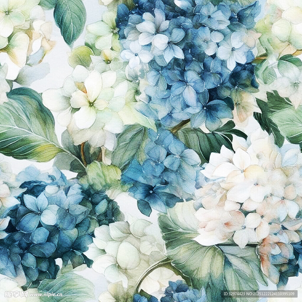 蓝白绣球花精美花卉图案