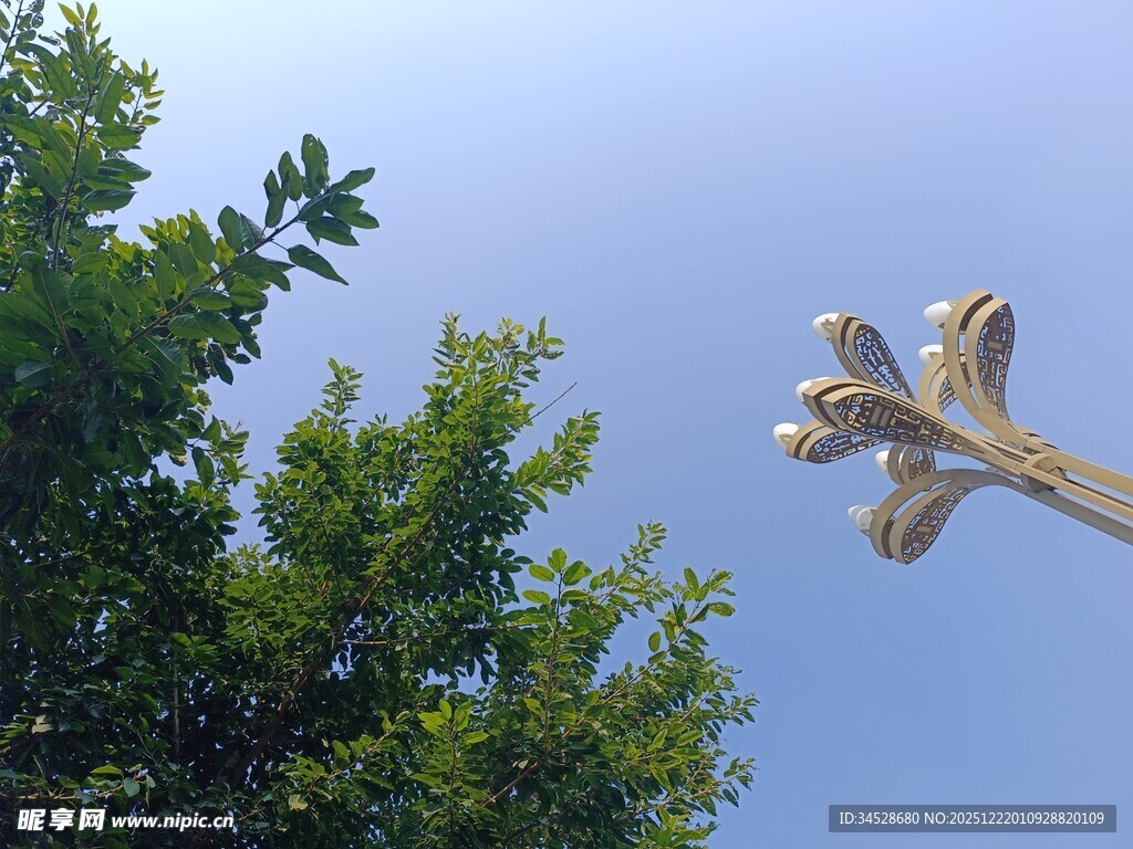 绿树蓝天间的雕塑顶端