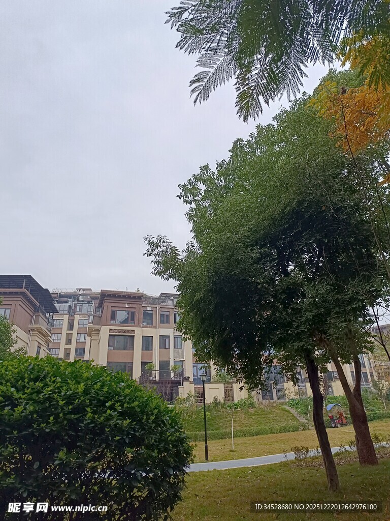 园林旁的典雅建筑景观