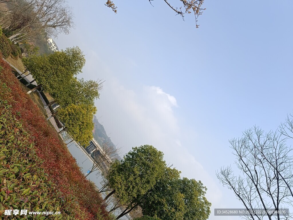 湖畔绿植蓝天风景图