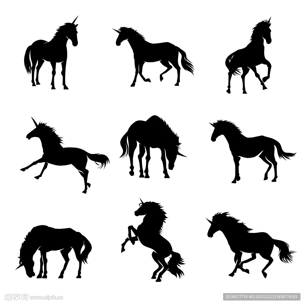 多样姿态的骏马剪影