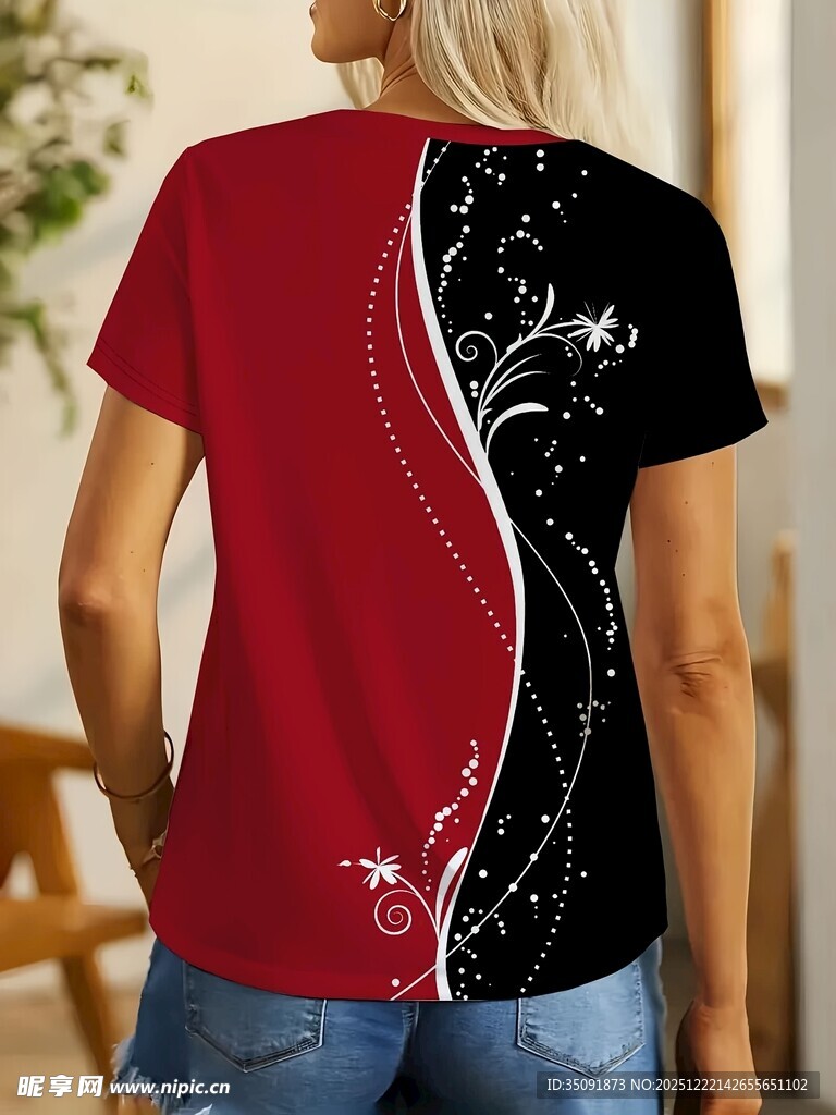 红黑拼接花纹女士短袖T恤