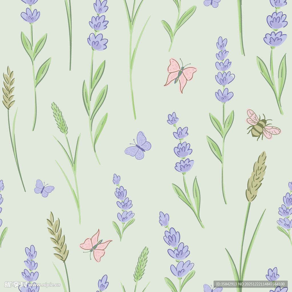 薰衣草花丛中的蝴蝶图案
