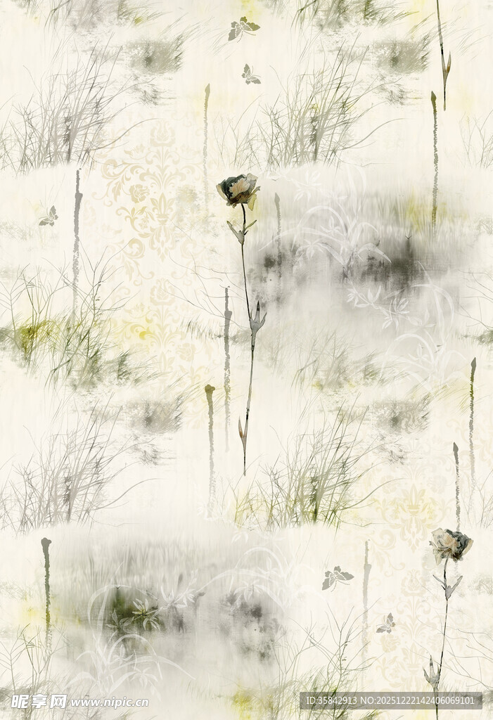 水墨风植物雪景图