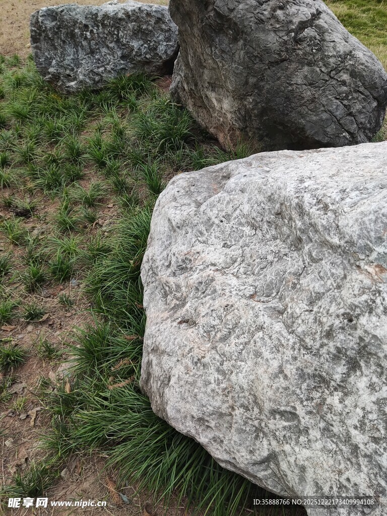 户外草地旁的灰色巨石