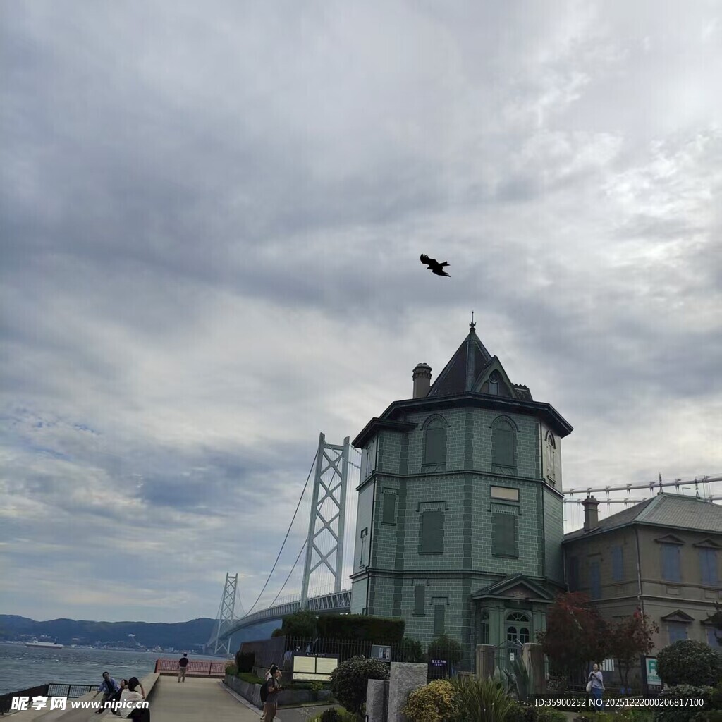 湖畔绿塔旁的飞翔鸟儿