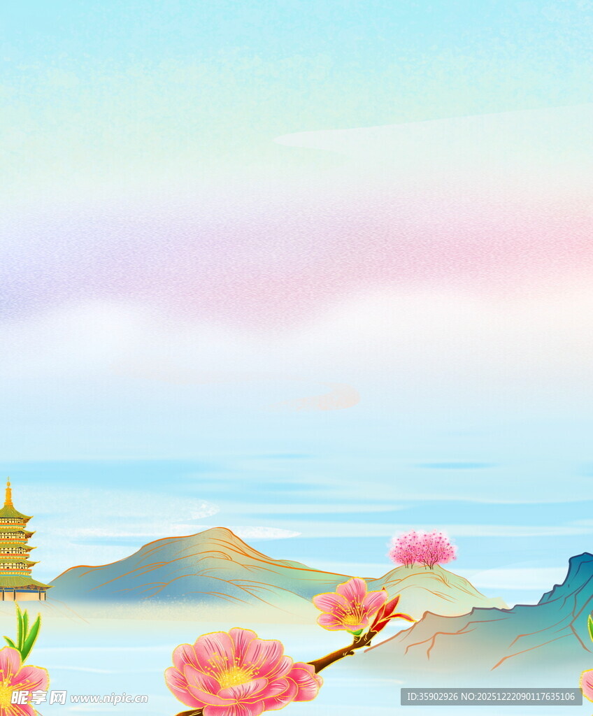 春日山水桃花美景图