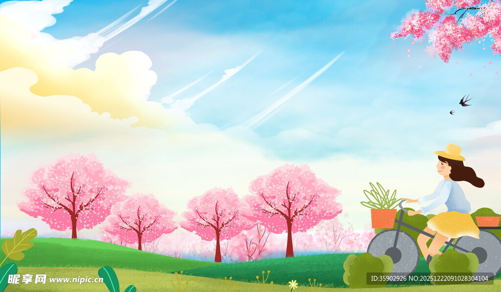 春日郊外女孩骑车赏景