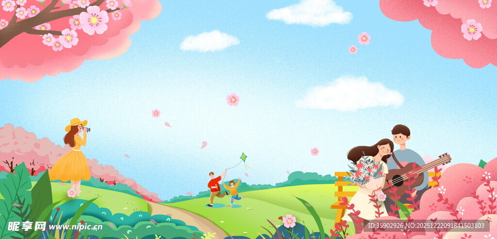 春日浪漫花海中的温馨场景