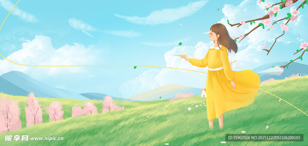 春日少女漫步烂漫花海