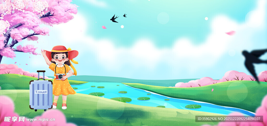女孩春日户外旅行场景