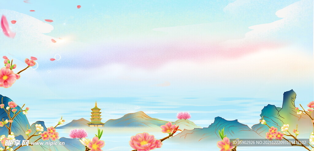 春日山水繁花美景图