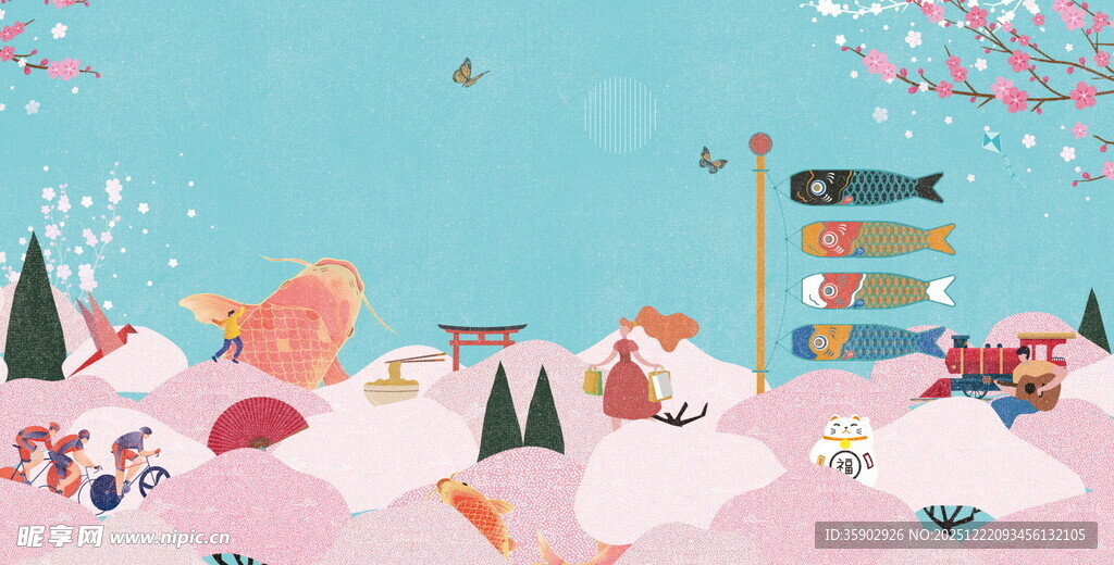 梦幻冬日动物雪景插画