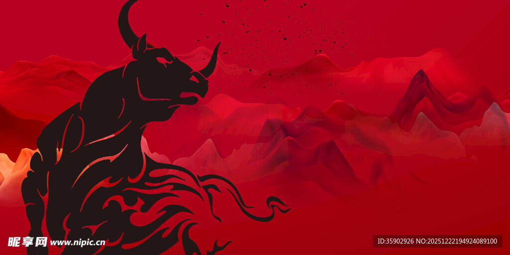 红色背景上的神秘黑牛形象