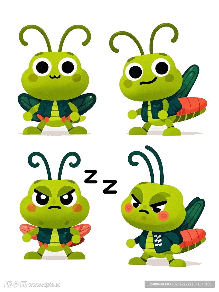 可爱绿蚱蜢的多样表情