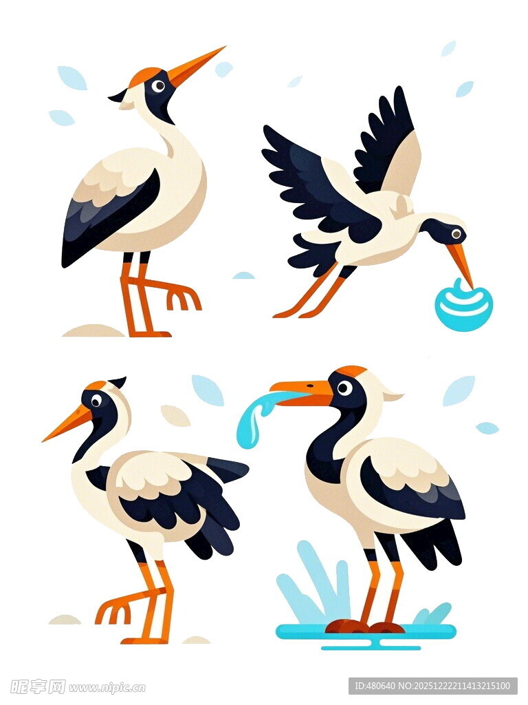 四只白鹳的趣味姿态