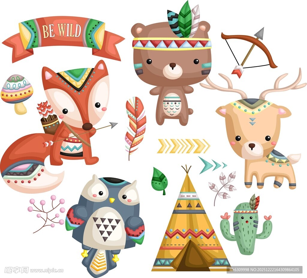 可爱动物与部落风装饰元素