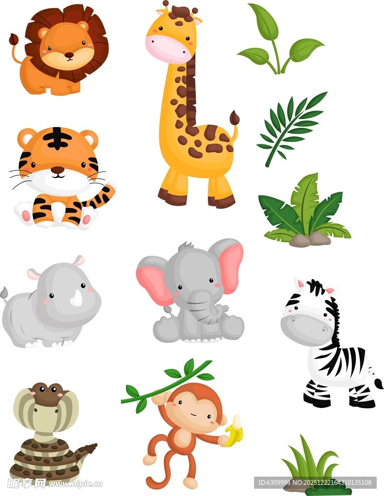 可爱动物与绿植卡通图案