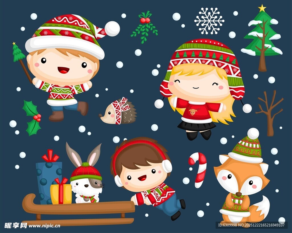 欢乐圣诞卡通儿童与动物
