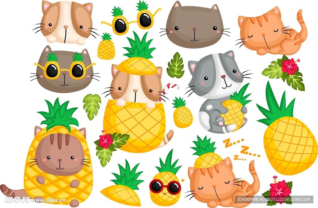 可爱动物与菠萝插画集合
