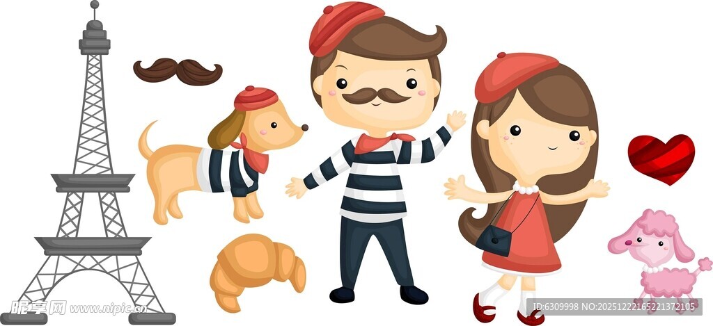 浪漫巴黎情侣卡通插画