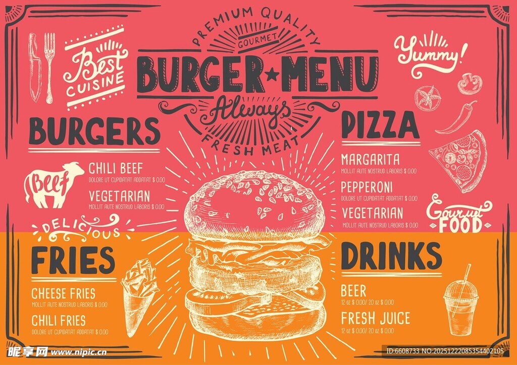 复古风快餐菜单插画