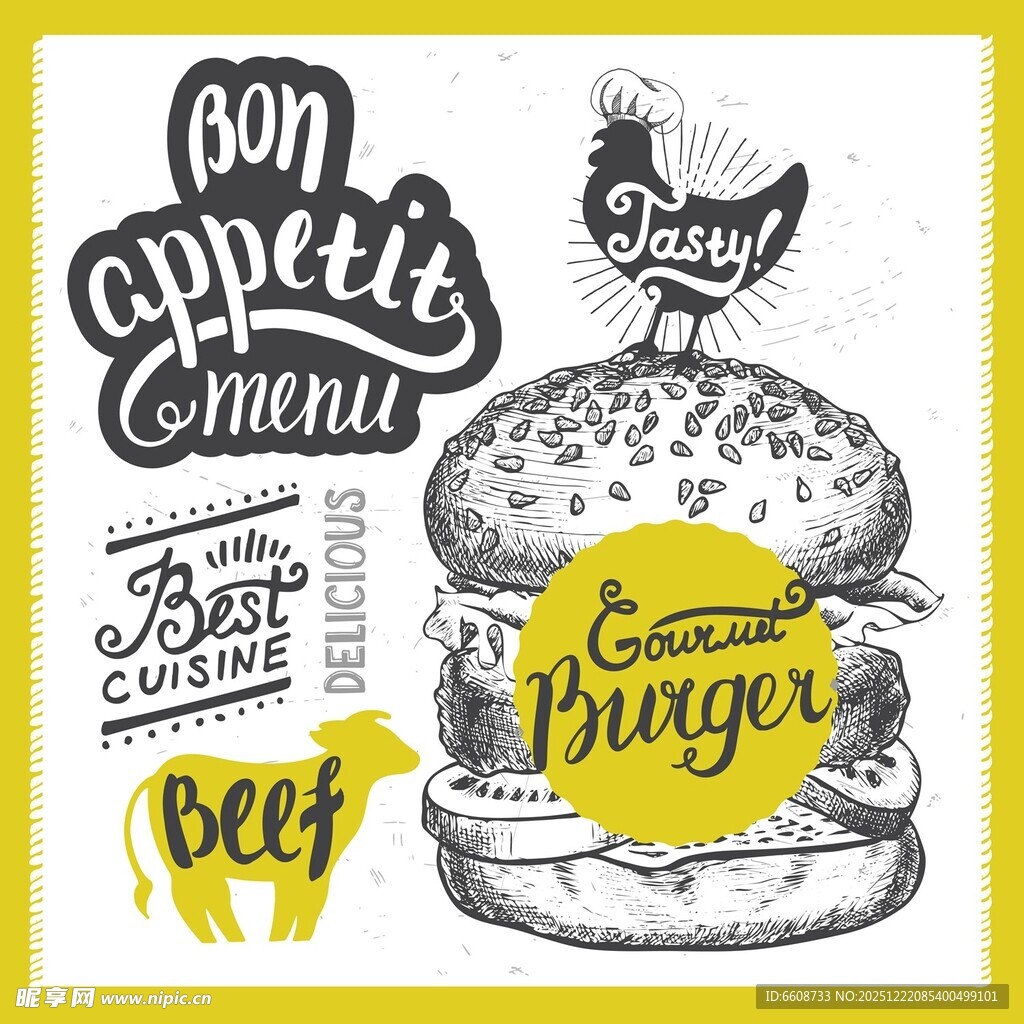 复古风汉堡美食菜单插画