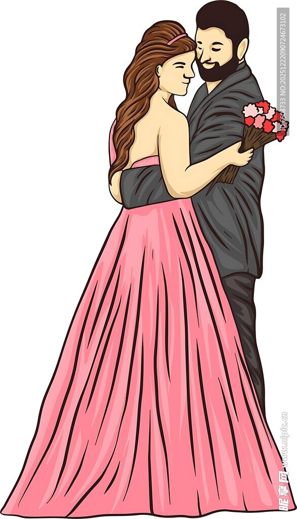 相拥的情侣浪漫粉色长裙