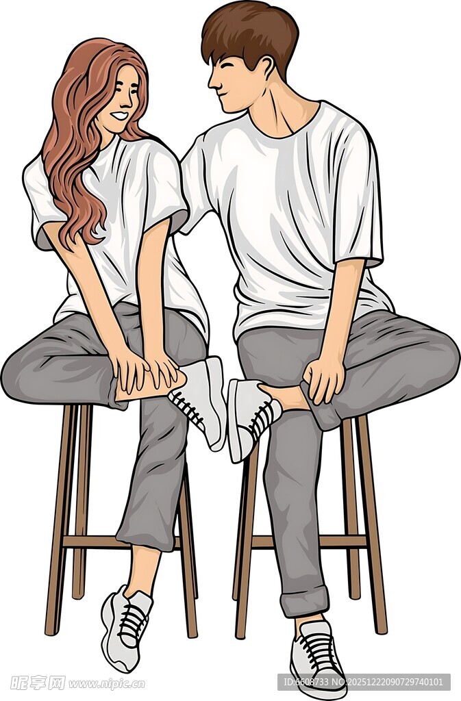 甜蜜情侣坐凳亲密互动