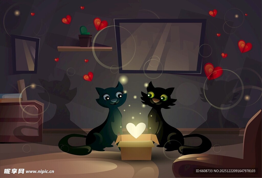 浪漫夜中双猫共赏爱心烛