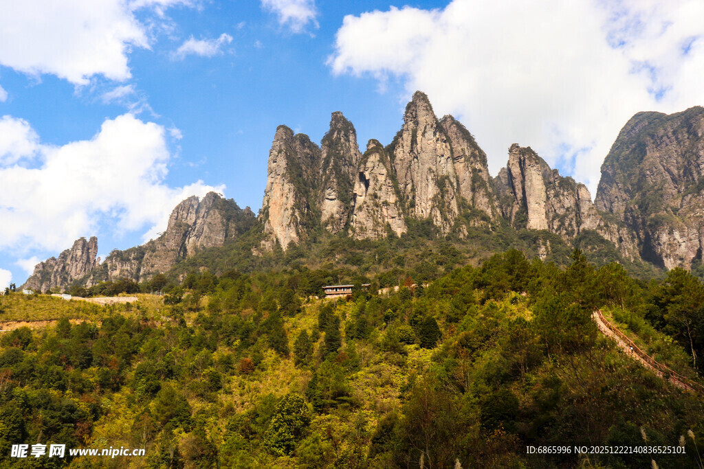 壮丽山峰与葱郁植被景观