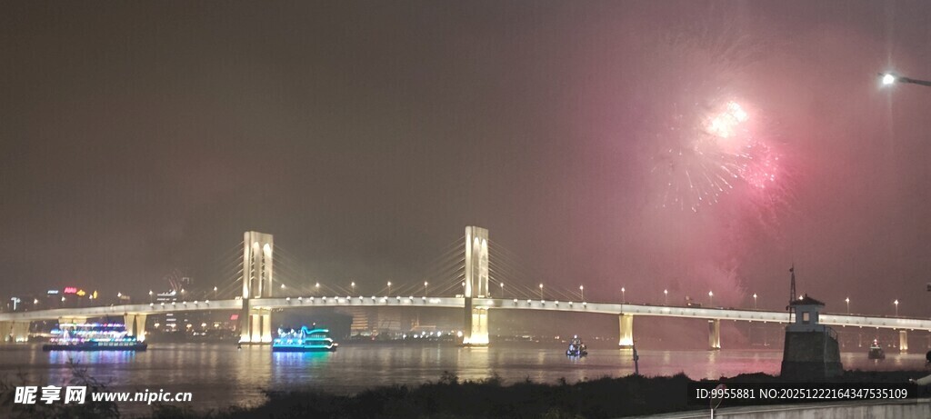 广东珠城市夜景中绽放的绚烂烟花