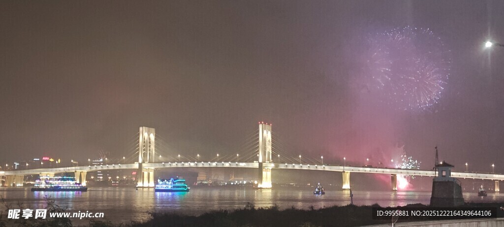 广东珠城市夜景中绚烂的烟花绽放
