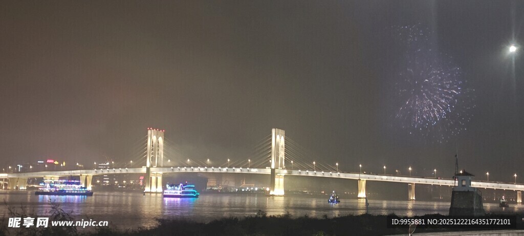 广东珠海夜晚大桥旁绚烂烟花绽放