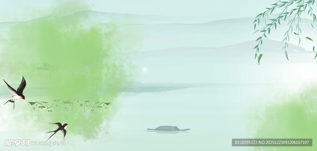 水墨山水间飞鸟悠然